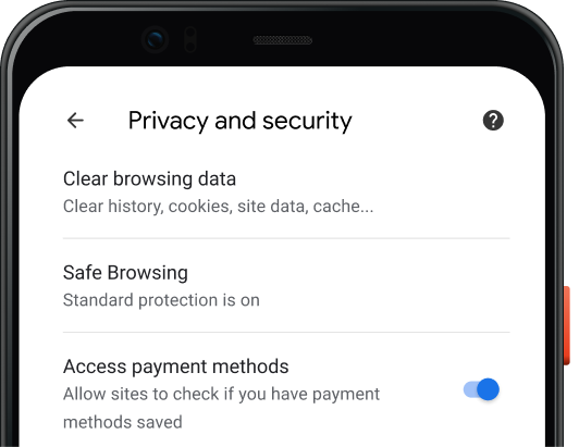 Chrome browser Privacy and Security settings page within a mobile device.