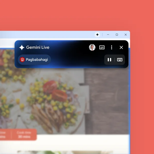 Nasa sulok ng webpage ang box na may pamagat na 'Gemini Live.' Ipinapakita ng button na i-pause na nakikinig ang Gemini sa Chrome sa isang taong nagsasalita.