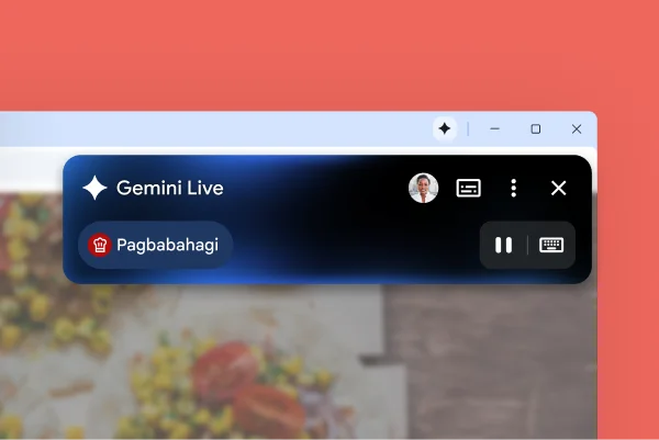 Nasa sulok ng webpage ang box na may pamagat na 'Gemini Live.' Ipinapakita ng button na i-pause na nakikinig ang Gemini sa Chrome sa isang taong nagsasalita.