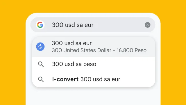 Nag-type ang user ng “300 usd sa eur” sa address bar ng Chrome at may nabuo kaagad itong mga resulta.