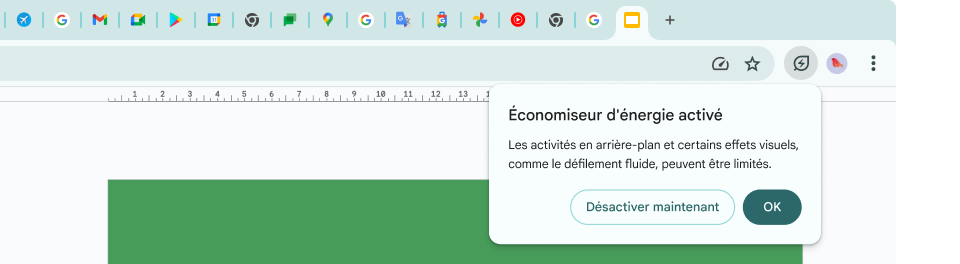 Un curseur a cliqué sur l'icône Économiseur d'énergie, qui indique que les activités en arrière-plan et certains effets visuels ont été limités pour économiser la mémoire.