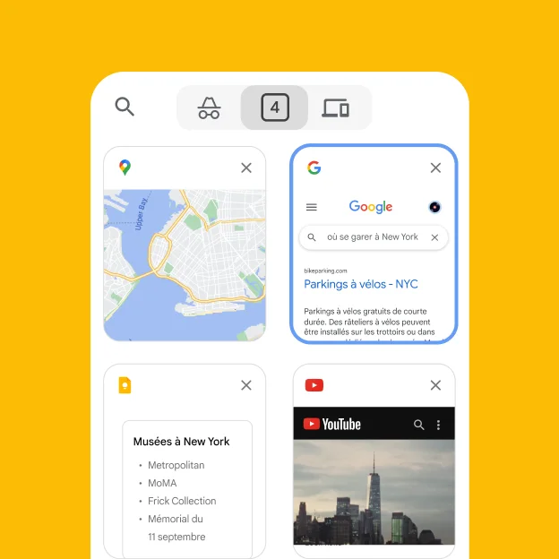 Un navigateur mobile charge les onglets du navigateur d'un ordinateur, y compris Google Maps et les informations de stationnement à New York.