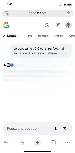 Sur l'écran d'accueil de l'application mobile Chrome, un utilisateur ouvre le mode IA. Il appuie sur 