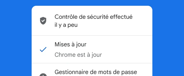 Alerte indiquant que le contrôle de sécurité de Chrome s'est terminé et que le navigateur est à jour.