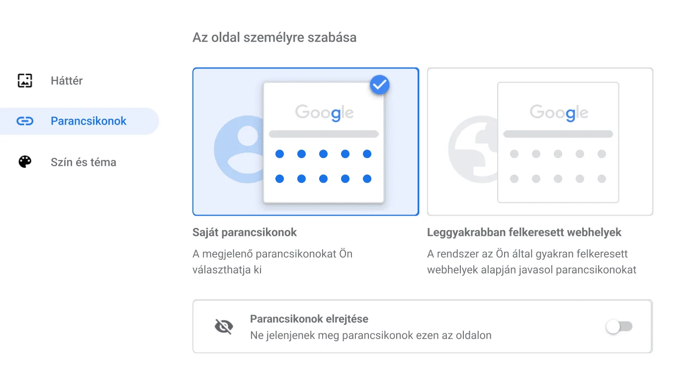 Az ablakban a Chrome böngésző beállításai láthatók, a Parancsikonok párbeszédpanelével.