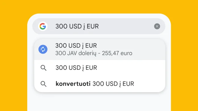 Naudotojas įvedė „300 USD į EUR“ „Chrome“ adreso juostoje ir akimirksniu generuojami rezultatai.