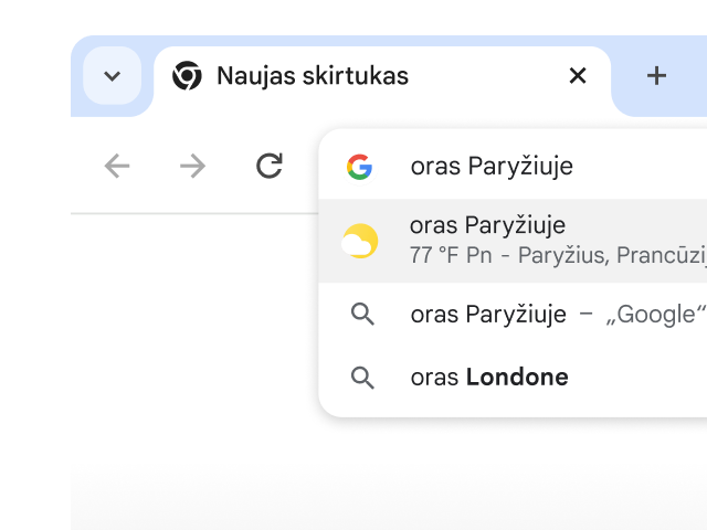 Naudotojas įvedė „orai Paryžiuje“ „Chrome“ adreso juostoje ir akimirksniu generuojami rezultatai.