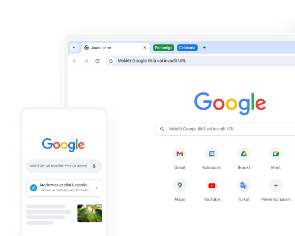 Mobilajā ierīcē un galddatorā redzama Google sākumlapa pārlūkā Chrome.
