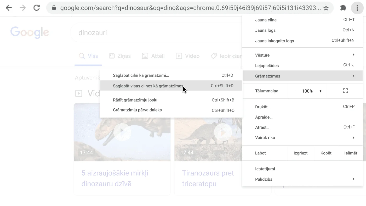 Pārlūka Chrome logs ar dialoglodziņu, kurā tiek rādīta opcija “Saglabāt visas cilnes kā grāmatzīmes”.