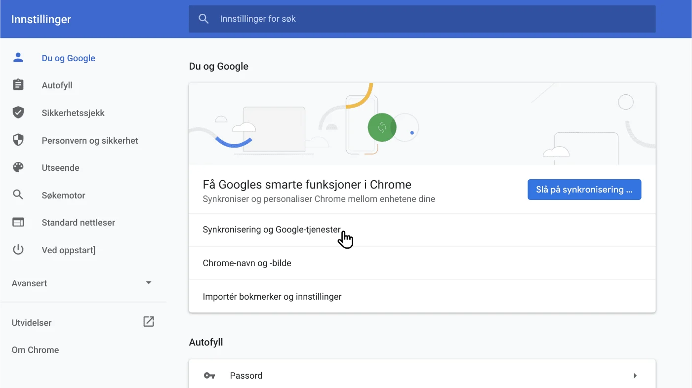 Innstillingsvindu i Chrome-nettleseren som viser Deg og Google-alternativmenyen.
