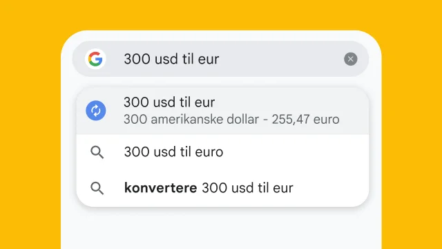 En bruker har skrevet inn «300 usd to eur» i adressefeltet i Chrome, og resultatene ble generert umiddelbart.