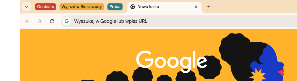 W interfejsie przeglądarki widoczne są 3 karty: Osobiste, Wycieczka do Arches i Praca.