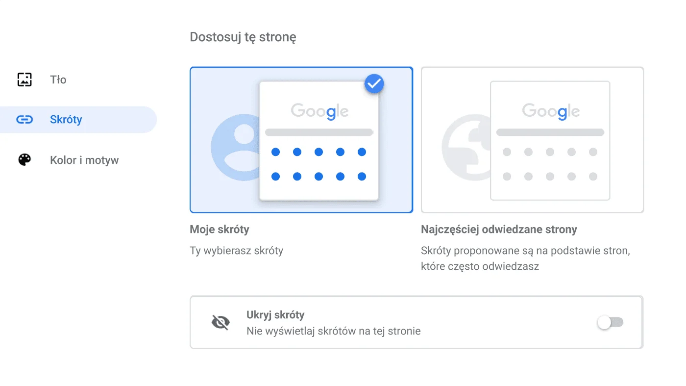 Okno ustawień przeglądarki Chrome pokazujące okno Skróty.