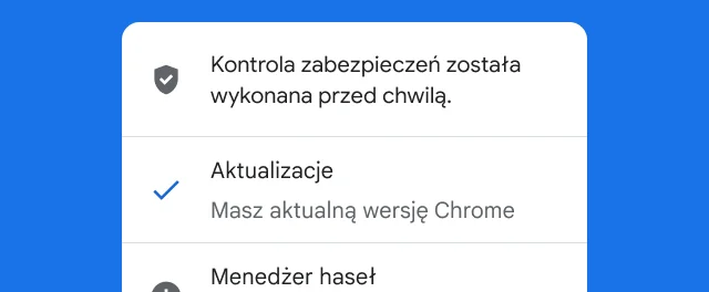 Alert pokazuje, że kontrola zabezpieczeń Chrome została ukończona, a przeglądarka jest aktualna.