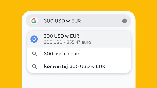 Użytkownik wpisał „300 usd w eur” na pasku adresu w Chrome, a wyniki pojawiły się natychmiast.
