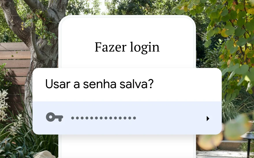 Uma página de login para uma reserva de viagem pede para usar uma senha salva. Ao fundo, há uma cena na natureza.
