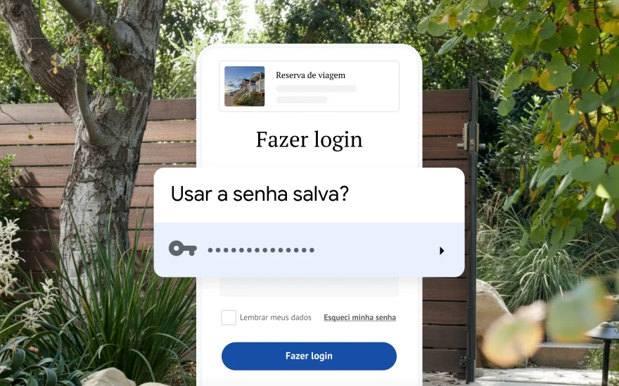 Uma página de login para uma reserva de viagem pede para usar uma senha salva. Ao fundo, há uma cena na natureza.