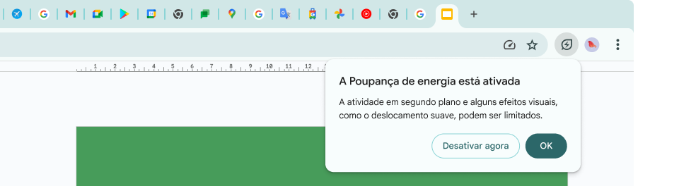 Um cursor clicou no ícone Poupança de energia, que explica que a atividade em segundo plano e alguns efeitos visuais foram limitados para poupar memória.