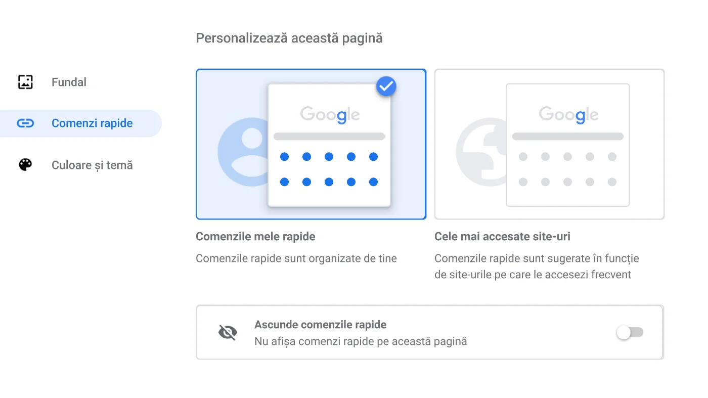Fereastra de setări ale browserului Chrome afișând dialogul Comenzi rapide.