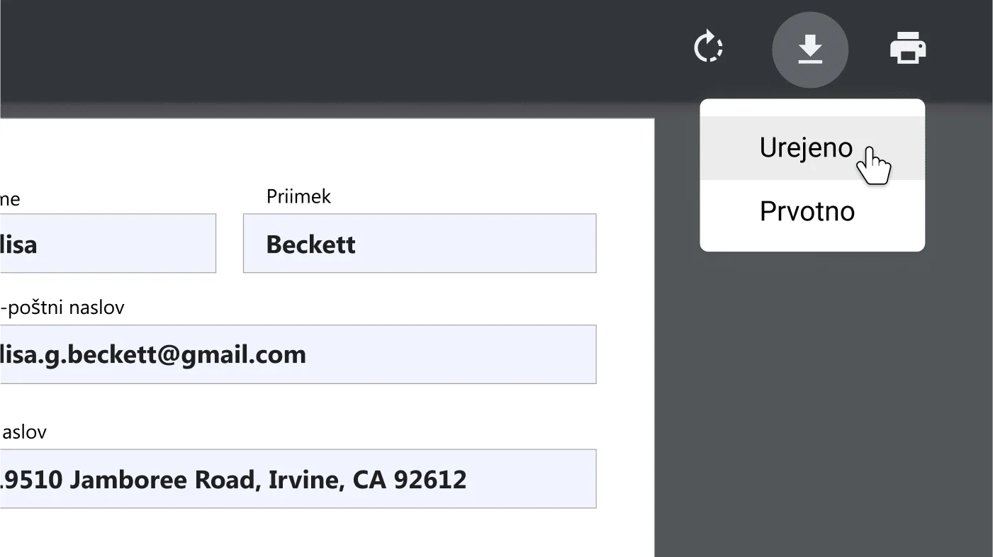 Okno v brskalniku Chrome z odprtim dokumentom PDF, ki je povečan do menija z možnostmi za prenos in tiskanje.