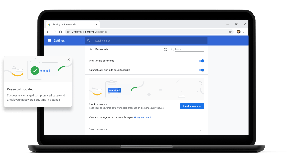 Pixelbook Go laptop with screen displaying Chrome password check with a passsword update dialog box.
